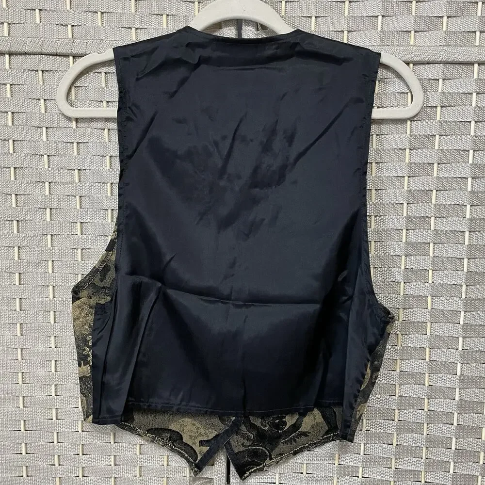 Facets by Mirrors Vintage Tapestry Vest Women M Black Cherubs Angels Satin Back - Picture 2 of 7